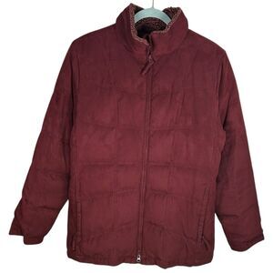 LL Bean Down Puffer Jacket Womens Large Faux Suede Quilted Coat Shearling Collar
